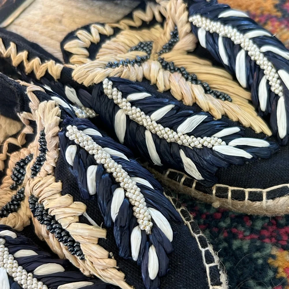 Zi | Women’s Navy/Tan/White Embroidered and Beaded Slip On Espadrille‎ Flats 6.5